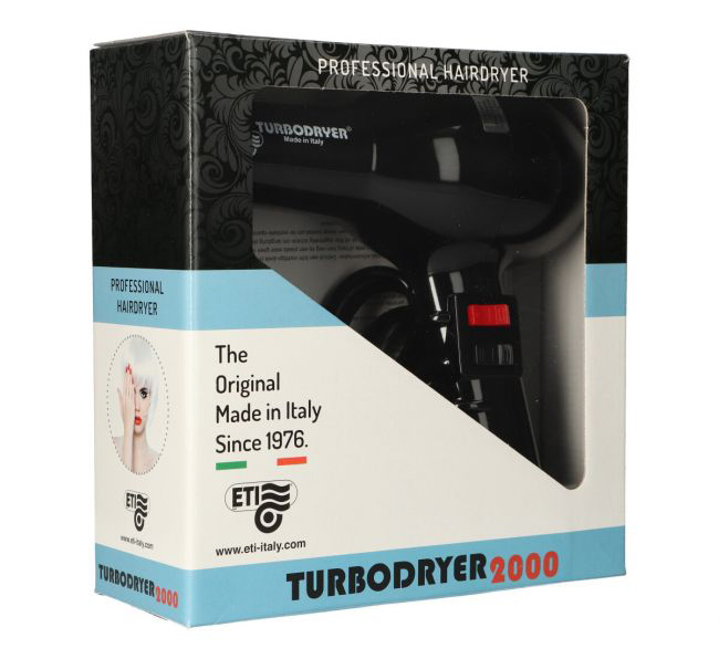 Professionele kappersföhn de Eti Turbodryer 2000. Deze heeft een krachtige motor, een extra lange snoer van +/- 3 meter en een ergonomische greep. Heeft 4 verschillende temperatuur standen en 2 blaassnelheden en is inclusief blaasmond.